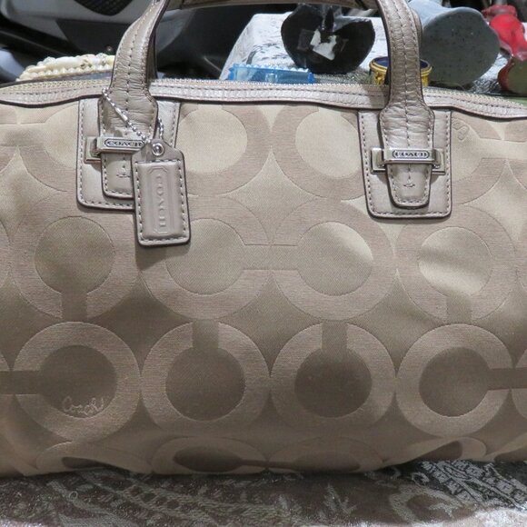 Coach Tan Beige monogrammed Leather Medium Satchel Tote  Shoulder Bag Purse - Picture 1 of 16